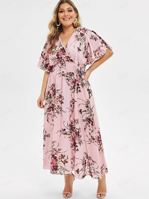 Plus Size Floral Print High Waisted Flutter Sleeve Dress