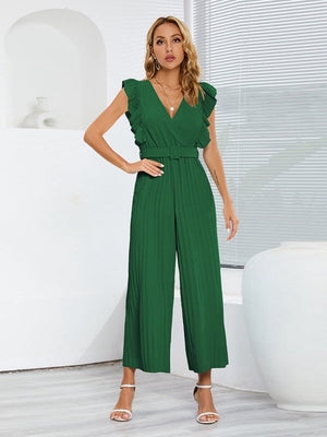 High Waist Sleeveless Ruffled V Neck Pleated Jumpsuit