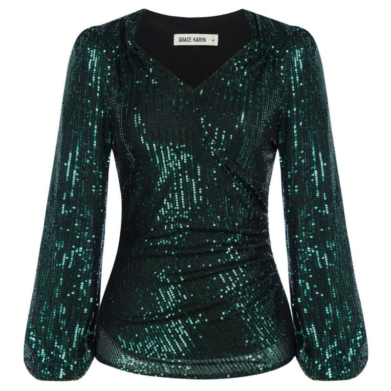 Sequinned Long Sleeve V-Neck Ruched Blouse