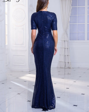 Half Sleeve Navy Formal Elegant Evening Dress