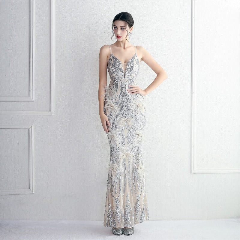 V Neck Sequin with Feathers Long Evening Dress