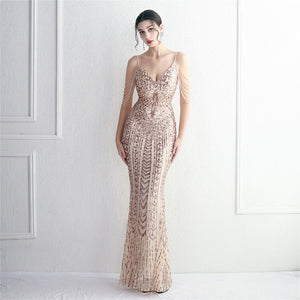 Gold Sequin Maxi V Neck Evening Dress