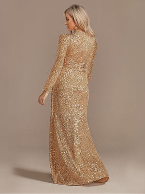 Luxury Long Sleeve V-Neck Sequinned Evening Dress