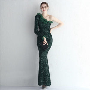 One Shoulder Long Sleeve Sequin Evening Dress