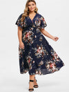 Plus Size Floral Print High Waisted Flutter Sleeve Dress