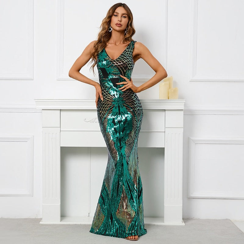 Elegant Long V Neck Sequinned  Evening Maxi Dress