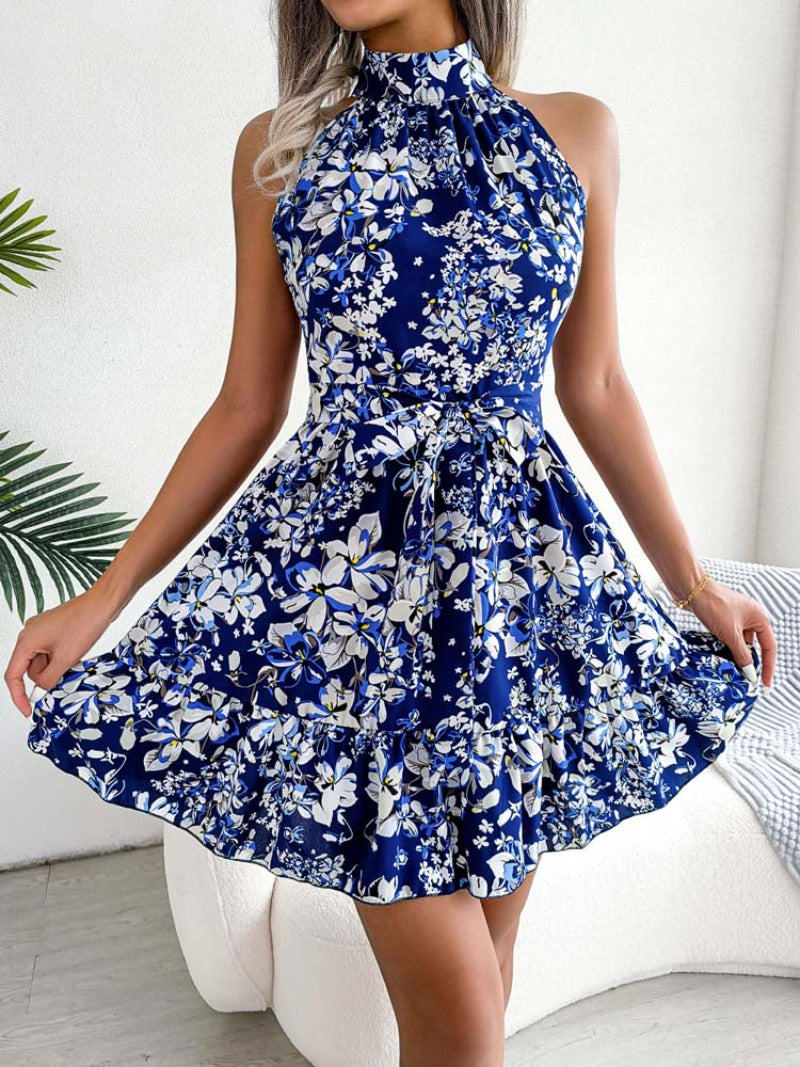 Bohemian Floral Print Halter Sleeveless Dress