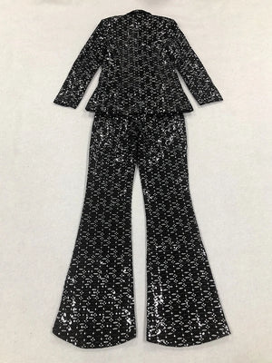 Sexy Two Piece Sequinned Single Button Blazer + Wide Legs Pants Suit