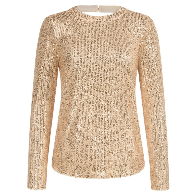 Sequinned Long Sleeve Crew Neck Pullover Blouse