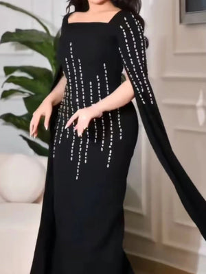 Sexy Square Neck Luxury Cloak Sleeves Crystal Maxi Gown