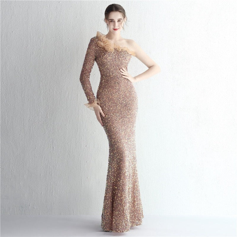 One Shoulder Long Sleeve Sequin Evening Dress