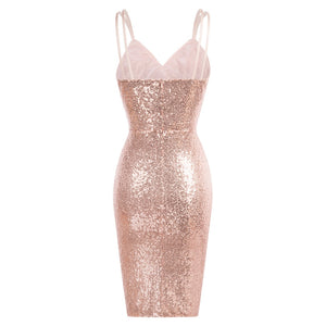 Sequin Ruched Cocktail Spaghetti Straps V-Neck Dress