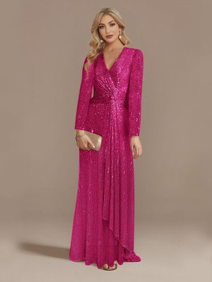 Luxury Long Sleeve V-Neck Sequinned Evening Dress