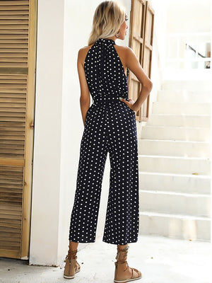 Polka Dot Wide-leg Long Halter Jumpsuit With Belt