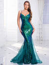 V Neck Sleeveless Green Cocktail Spaghetti Strap Sequin Evening Gown