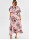 Plus Size Floral Print High Waisted Flutter Sleeve Dress