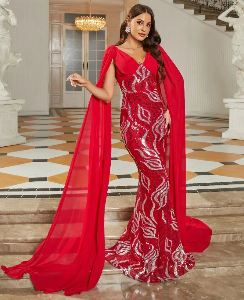 Elegant Sequin Mermaid Red Evening Dress