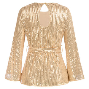 Sequinned Hollowed-out Back Bell Sleeve Elastic Waist Blouse