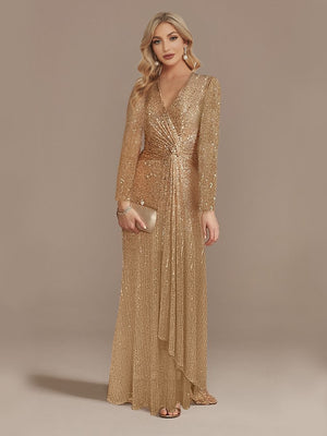 Luxury Long Sleeve V-Neck Sequinned Evening Dress