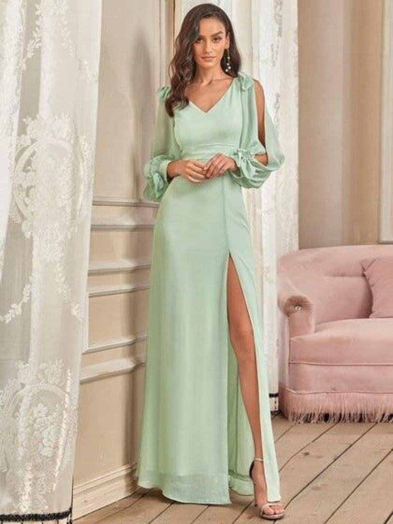 Evening V-Neck Full Sleeves Floor-Length Gown - http://chicboutique.com.au