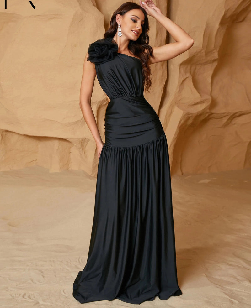 Luxury Black Floral One Shoulder A-Line Evening Dress