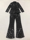 Sexy Two Piece Sequinned Single Button Blazer + Wide Legs Pants Suit