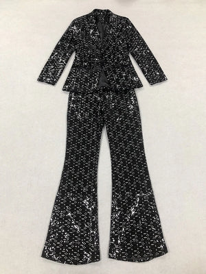 Sexy Two Piece Sequinned Single Button Blazer + Wide Legs Pants Suit