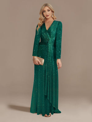 Luxury Long Sleeve V-Neck Sequinned Evening Dress