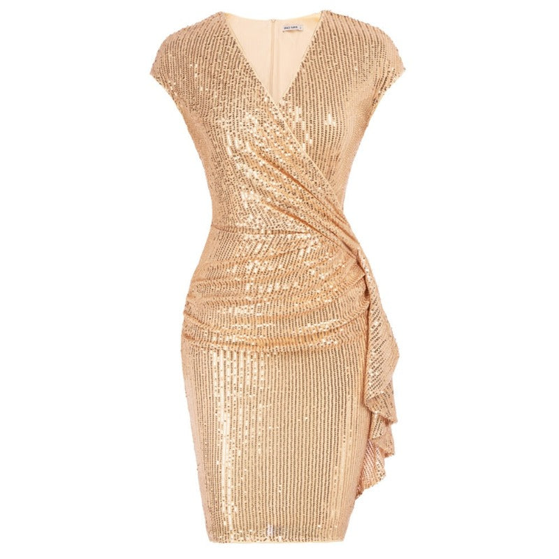 Sequinned Short Sleeve V-Neck Ruched Body-con Midi Dress