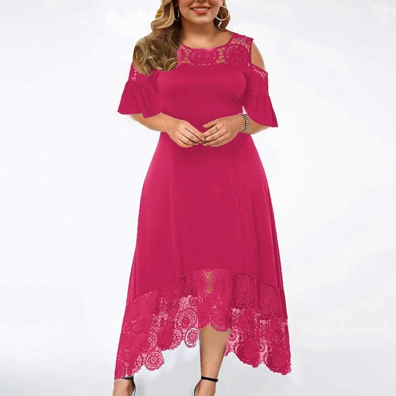 Evening Short Sleeves Solid Color Irregular Hem Plus Size Dress