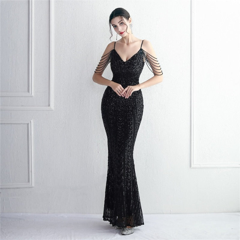 Sequin Sleeveless V-neck Maxi Evening Dress