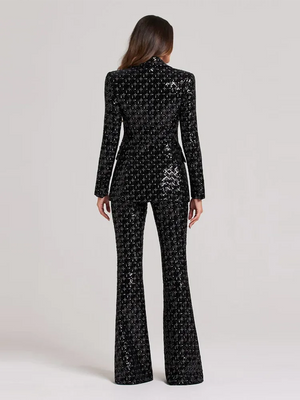 Sexy Two Piece Sequinned Single Button Blazer + Wide Legs Pants Suit