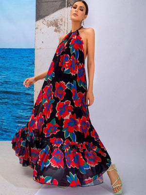 Floral Print Sleeveless A-Line Halter Dress - http://chicboutique.com.au
