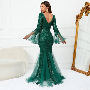 Elegant Long Sleeve Sequin Evening Dress