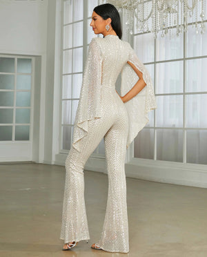 Cape Sleeve Sequin Formal Jumpsuit