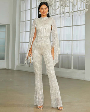 Cape Sleeve Sequin Formal Jumpsuit