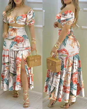 Floral Print Crop Top + High Waist Skirt 2 Piece Set - http://chicboutique.com.au