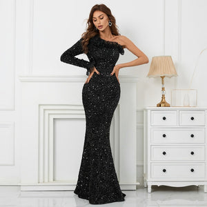 One Shoulder Long Sleeve Sequin Evening Dress