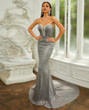 Strapless Grey Sequin Mermaid Floor Length Elegant Gown