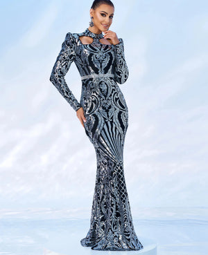 Round Neck Cutout Geometry Long Sleeved Sequin Evening Dress