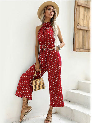 Polka Dot Wide-leg Long Halter Jumpsuit With Belt