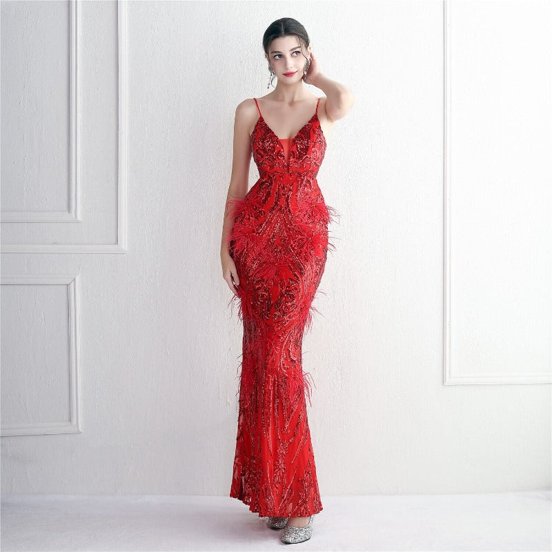 V Neck Sequin with Feathers Long Evening Dress