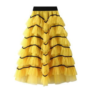 Elastic High Waist Mesh Cake Layered Skirt