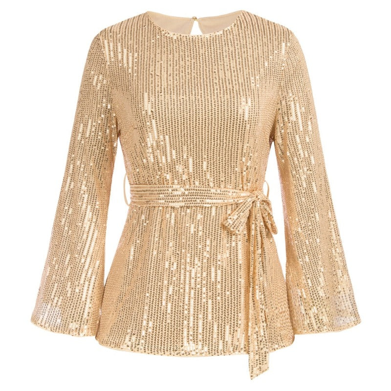 Sequinned Hollowed-out Back Bell Sleeve Elastic Waist Blouse