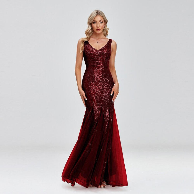 Elegant V-neck Sequin Evening Dress - http://chicboutique.com.au