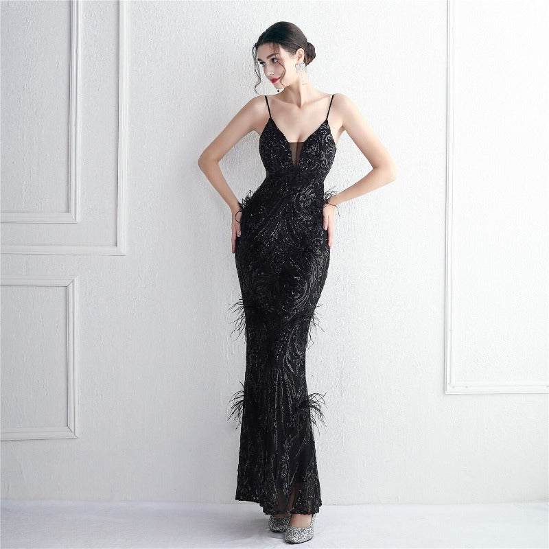 V Neck Sequin with Feathers Long Evening Dress