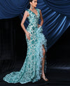 Blue V Neck Floral Sequin Floor Length Evening Dress