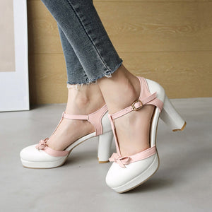 T strap Round Toe Platform Pumps With Bow