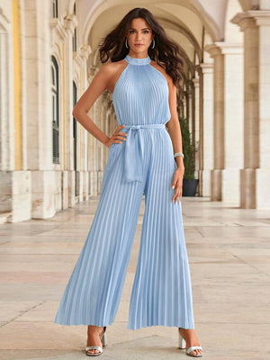 Halter Sleeveless Pleated Wide Leg Jumpsuit