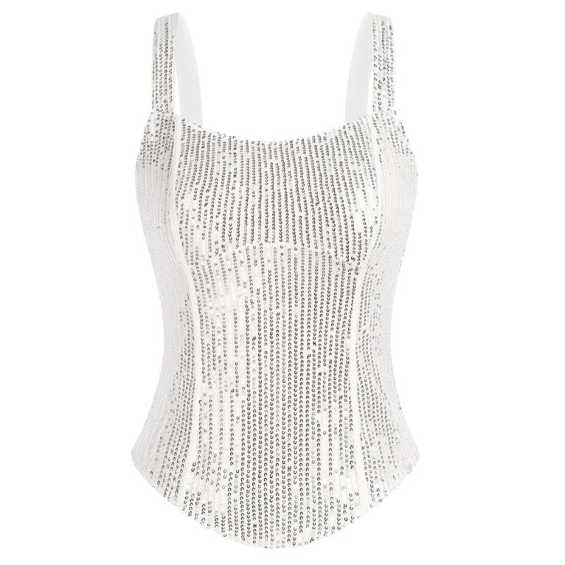 Sequinned Wide Straps Square Neck Sleeveless Top